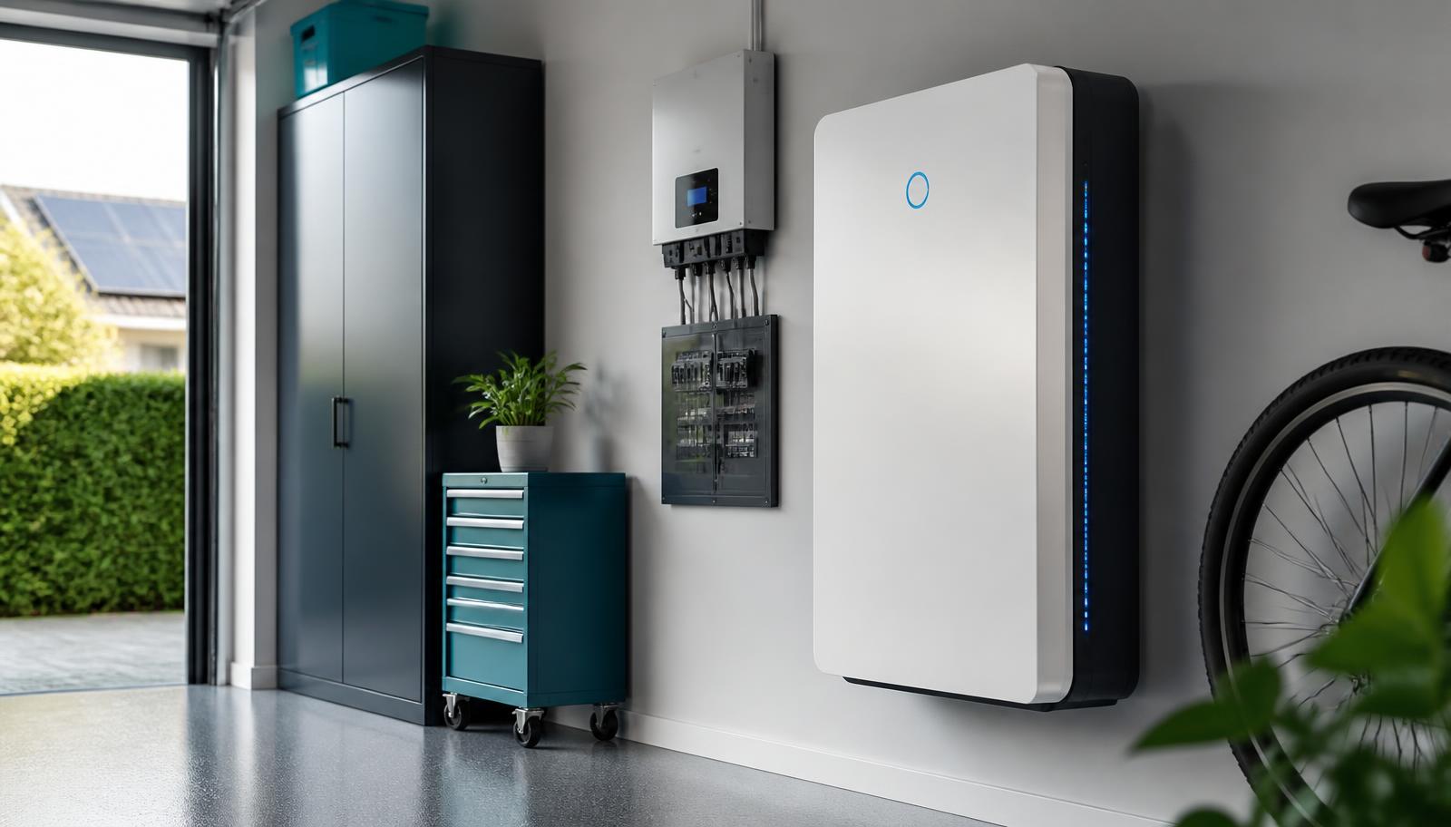 Moderne thuisbatterij in garage naast zonnepanelen omvormer